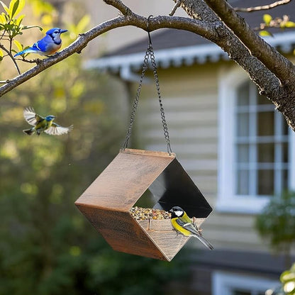 MYITYARD Hanging Bird Feeder, Small Metal Wild Bird Feeders for Outdoors, Garden Yard Decorative Birdfeeder, Square Vintage Bronze