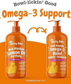 Zesty Paws Wild Alaskan Omega-3 Blend Pollock + Salmon Oil for Dogs and Cats- Skin and Coat Support, Omega 3 Supplement for Pets, 32oz