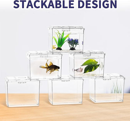 Mini Betta Fish Tank, Small Fish Bowl for Temporary Space, 0.2 Gallon Stackable Cube Tank with Artificial Plants and Gravels for Small Fish, Insect, Shrimp, Crab, Spider. (Pack-2)