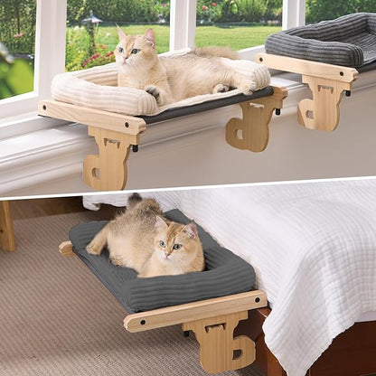 Gardner Pet Cat Window Perch, 2 in 1 Cat Hammock Window Sill Seat with Cushion, Adjustable Cat Bed for Window sill, Wood & Metal Frame for Large Cats(Grey)