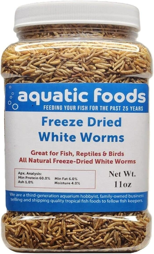 Aquatic Foods Inc. White Worms-Freeze Dried Floating White Worms for All Tropical Fish, Marine Fish, Discus, Cichlids, Koi & Pond Fish, Turtles…11oz Med Jar