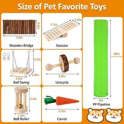 VESPRO Hamster Toys Set, Guinea Pig Toys Small Animal Chewing Toy and Rat Cage Accessories, Chinchillas, Gerbils, Rats, Rabbit Rodents Teeth Care, Apple Wood Timothy Hay Mouse Toy Swing Seesaw Bridge