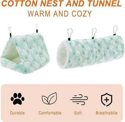 Ferret Hammock, Small Pet Cage Accessories, Ferret Bed, Pet Cage Hammock Hanging Tunnel and Bed Hideout Set for Hamster Squirrel Rabbit, Green, 3Pcs