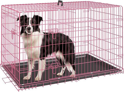 FDW Dog Crate Dog Kennel Cage with Double Door,36 inch Folding Metal Wire Dog Cage with Removable Tray&Divider Panel,Pet Crate for Medium Dogs,Pink