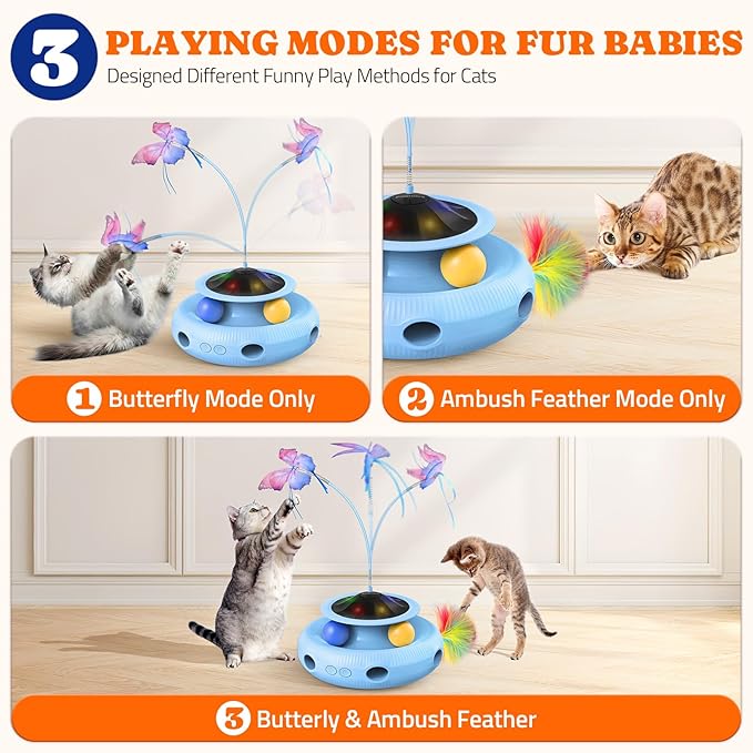 Interactive Cat Toy: 4 in 1 Automatic Cat Toy for Indoor Cats, Self Play Kitty Toy with Fluttering Butterfly, Track Ball and Feather Pack, Blue