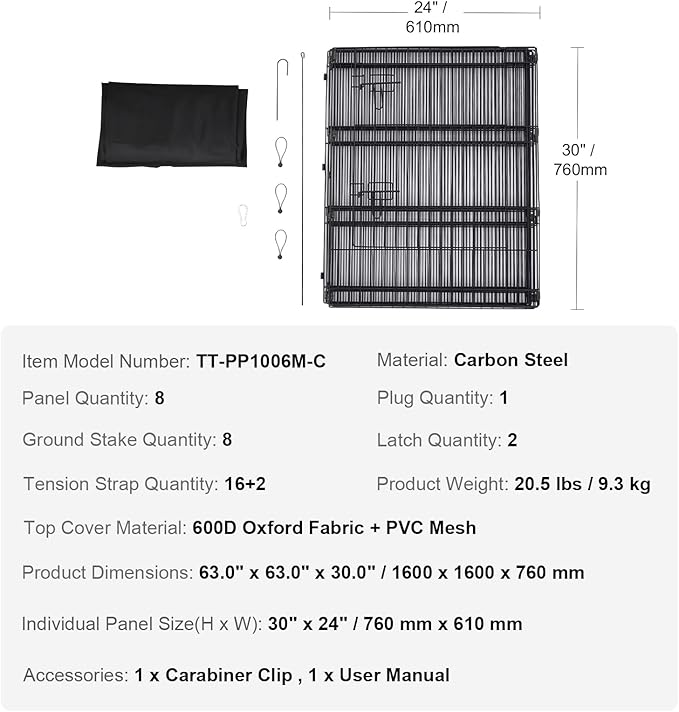 VEVOR Dog Playpen, 8 Pcs 30"H x 24"W Panels Foldable Metal Pet Exercise Pen, Dog Fence Indoor and Outdoor Pen with Door, 600D Oxford Fabric Top Cover, Pet Playpen for Dogs, Cats, Other Small Animals