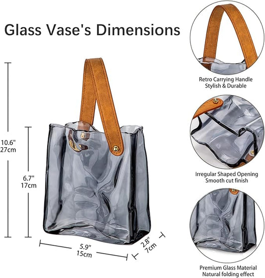 Glass Purse Vase for Flowers Black Vases for Centerpieces Glass Bag Vase with Leather Handle Small Bag Vases for Decor Decorative Fish Bowl for Home Wedding Decor
