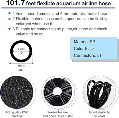 101.7 feet Black Aquarium Airline tubing 12 air Stone for Aquarium 12 Aquarium Check Value for Fish Tank 12 Aquarium Suction Cups 6 Each Aquarium air Controller and I T Hose connectors