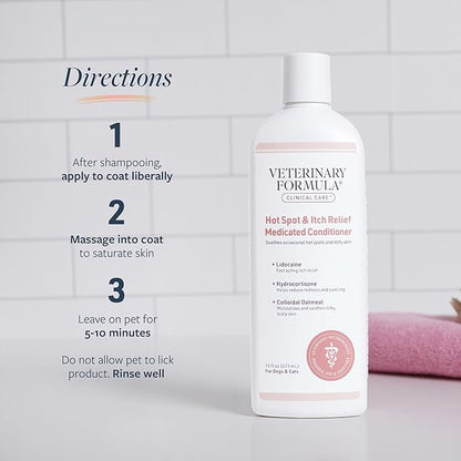 Veterinary Formula Clinical Care Hot Spot & Itch Relief Cat & Dog Medicated Conditioner, 16 oz – Oatmeal Conditions Skin for a Lustrous Coat, Formulated to Help Alleviate Itchy Skin