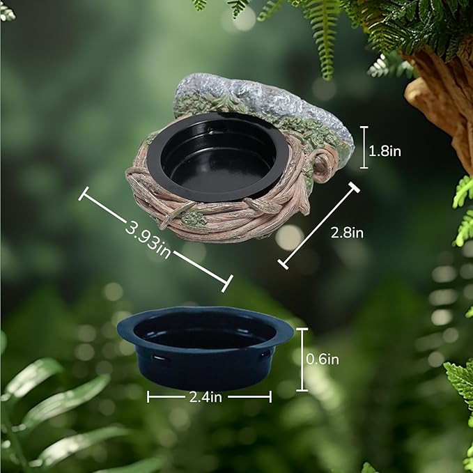 Reptile Feeding Ledge with 2 Cups, Hollow Vine Food Dish & Water Bowl for Bearded Dragon, Gecko, Lizard & Snake – Reptile Tank Accessories for Terrariums