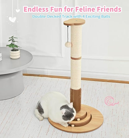 Made4Pets Cat Scratching Post Premium Sisal Cat Scratcher Kitten Toys for Indoor Kittens 33.6" Tall Cat Tower Scratch Post Cat Tree Wooden Interactive Ball Track Cat Toy with Hanging Ball, Beige