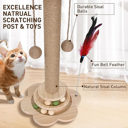 Cat Scratching Post - 4 in 1 Scratching Post, Wooden Cat Scratch Post with 2 Level Sisal Balls & 2 Sisal Hanging Balls for Indoor Kittens, Gifts