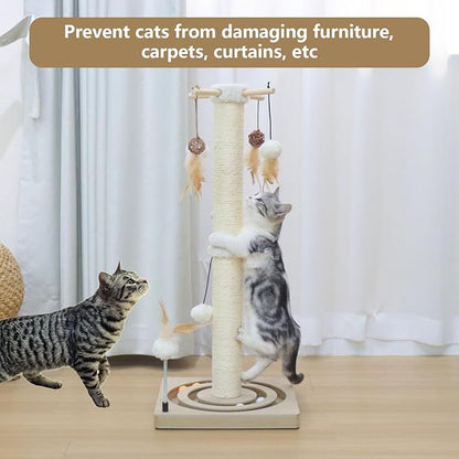 PEEKAB Cat Scratching Post Sisal Scratch Posts for Indoor Cats and Kittens with Tracking Ball Interactive Toys and Hanging Balls 30 Inches Beige