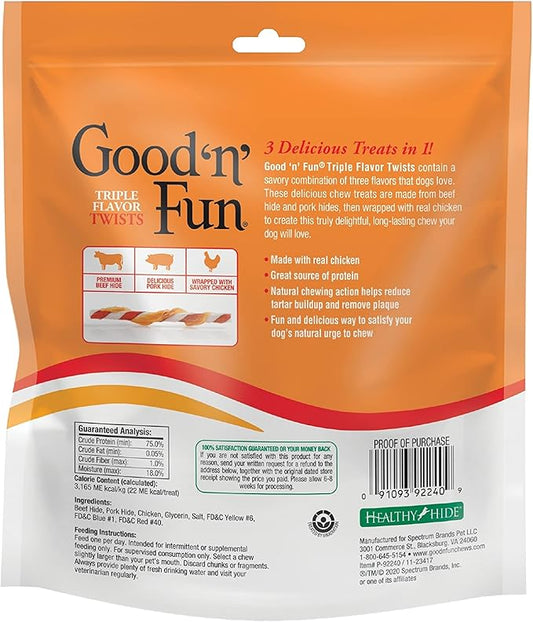 Good 'n' Fun Triple Flavor Twists, Treat Your Dog to Premium Cuts of Real Meat with Rawhide
