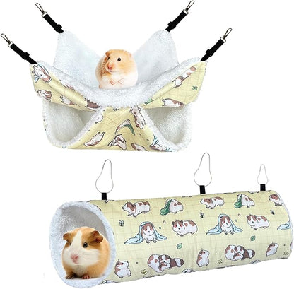 LUCKITTY Small Pet Hammock & Tunnel Set for Ferrets, Guinea Pigs, Rats - Plush Hideout Bed & Cage Toy, 2-Pack, Yellow Guinea Pig Print