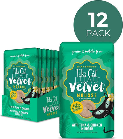 Tiki Pets Tiki Cat Velvet Mousse Grain-Free Wet Food with a Silky-Smooth Texture for Adult Cats & Kittens, 2.8oz, 12pk, Tuna & Chicken, 48005