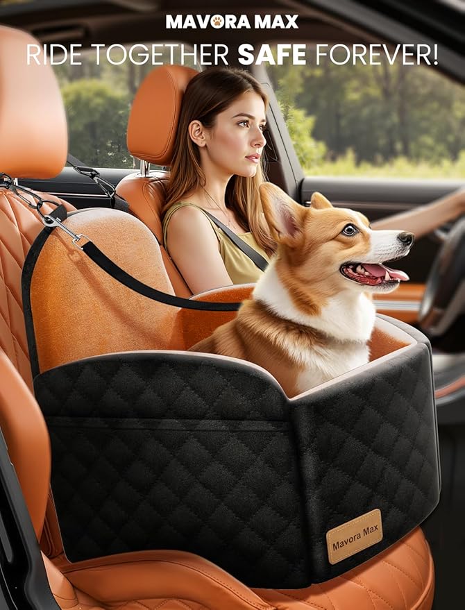 (Up to 35lbs Small/Medium Dog Car Seat Booster Dog Seat for Car Portable with Adjustable Seatbelts Puppy Travel Carrier for SUV,Truck, with Memory Foam Cushion (Black/Brown)