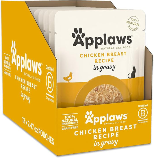 Applaws Natural Wet Cat Food in Gravy, Limited and Natural Ingredients, High Protein with No Artificial Additives, Chicken Breast in Gravy (12 x 2.47oz Pouches)