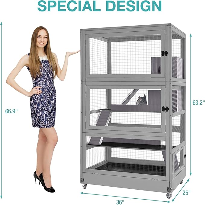 Large Guinea Pig Cage,4 Levels Wooden Ferret Cage with Wheels,Chinchilla Cage Upgrade Metal Frame Rat Cage for Indoor Outdoor (4 Level)