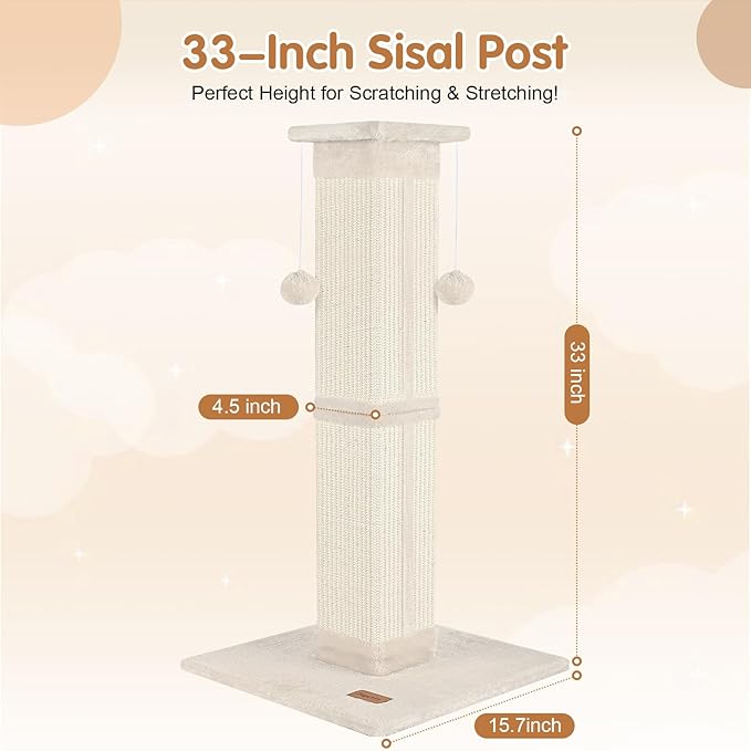 Cat Scratching Post 33 inch for Indoor Cats, High Cat Scratch Post Beige, Cat Tree for Full-Body Stretching, Protect Your Furniture