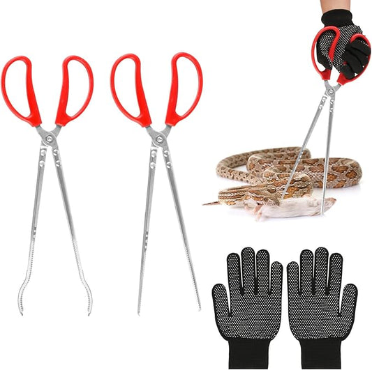 15 Inch Snake Feeding Tongs, 2 PCS Stainless Steel Reptile Tongs, Extra Long Large Tweezers for Bearded Dragon Ball Python Tank Accessories Terrarium Supplies With Gloves