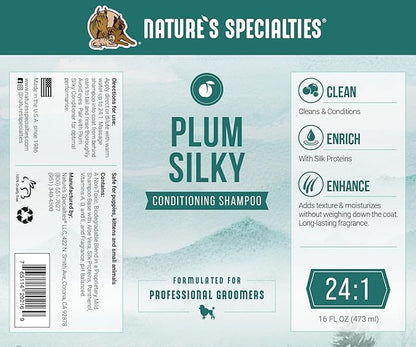 Nature's Specialties Plum Silky Ultra Concentrated Dog Shampoo Conditioner, Makes up to 3 Gallons, Natural Choice for Professional Pet Groomers, Silk Proteins, Made in USA, 16oz