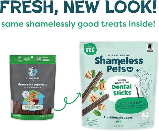 Shameless Pets Dental Treats for Dogs, A Cluck A Day (32 Sticks) - Supports Digestion for Teeth Cleaning & Fresh Breath - Dog Bones Dental Chews Free from Grain, Corn & Soy