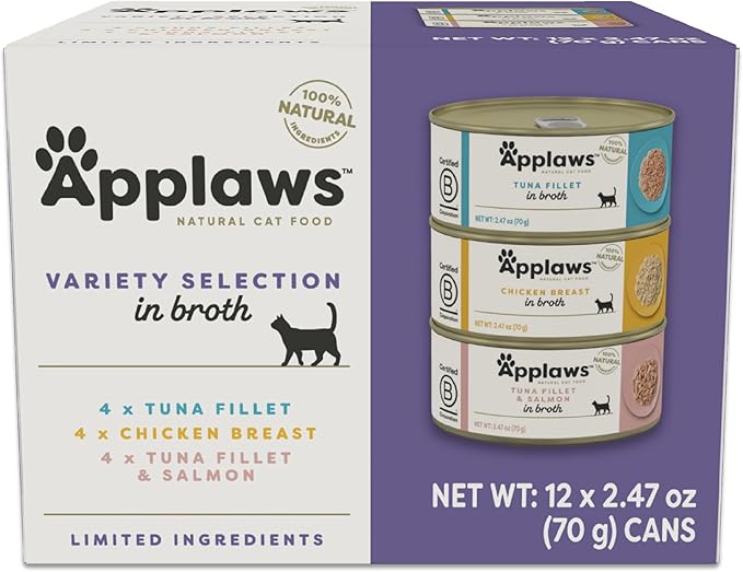 Applaws Natural Wet Canned Cat Food, Limited and Natural Ingreidents, High Protein with No Artificial Additives, Variety Pack in Broth (12 x 2.47oz Cans)