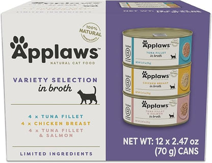 Applaws Natural Wet Canned Cat Food, Limited and Natural Ingreidents, High Protein with No Artificial Additives, Variety Pack in Broth (12 x 2.47oz Cans)