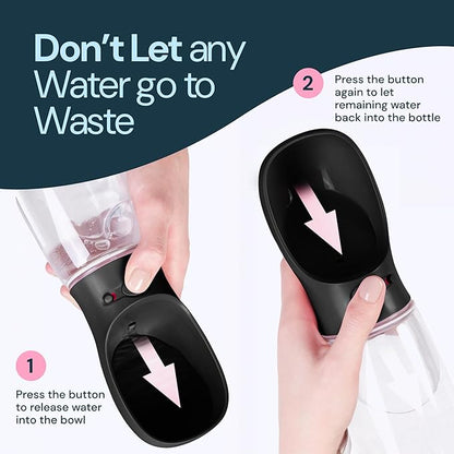 MalsiPree Dog Water Bottle - 19 Oz, Black, BPA-Free Stainless Steel - Portable & Lightweight Water Dispenser with Bowl for Dogs - Leak-Proof & No-Waste Design for Travel