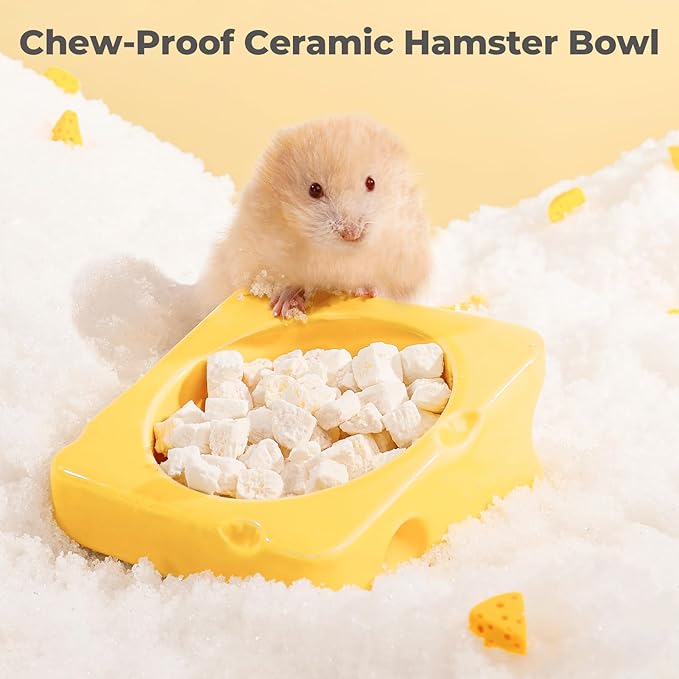mini&moe Hamster Food Bowl - Ceramic Guinea Pig Bowl Chew-Proof Small Pet Anti-Turning Food & Water Feeding Dish for Rabbit, Gerbils, Mice, Rats, Chinchillas - 4.3in Cute Cheese-Shaped
