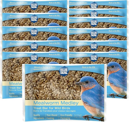 Blue Seal Mealworm Medley Suet Treat Bars for Wild Birds - No Mess Suet Feed for Woodpeckers, Cardinals, Siskins, Sparrows & More - 7 oz Bird Seed Cakes (Pack of 12)