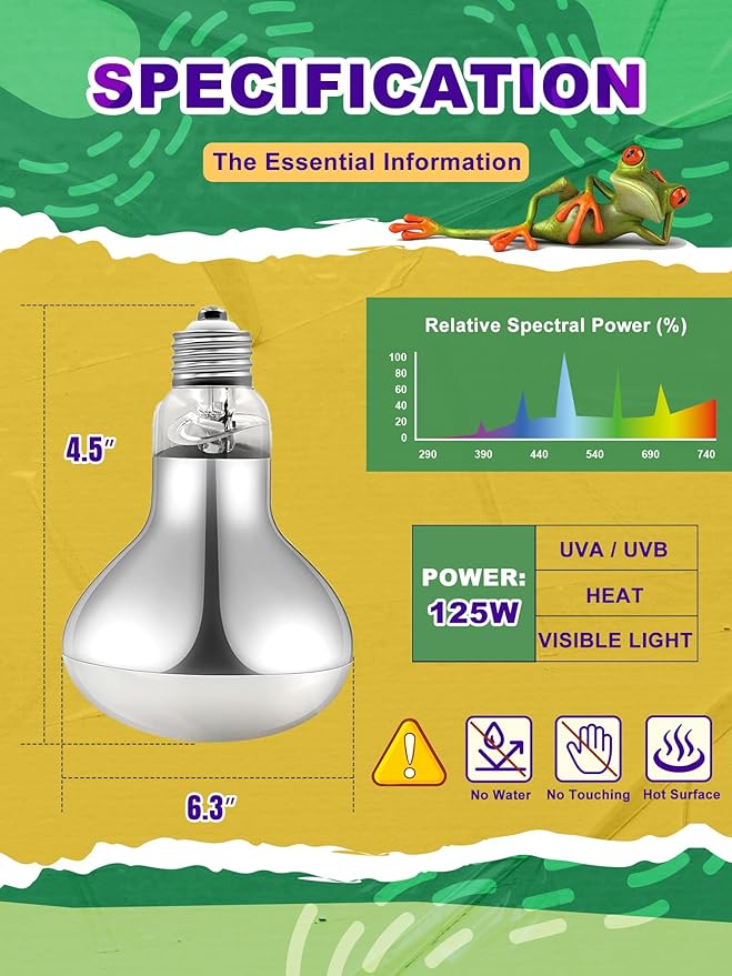 Heat Lamp Bulb, 125 Watt Full Spectrum UVA UVB Reptile Heat Bulb, Basking Spot Light, Simulate Natural Sun Light for Reptile and Amphibian