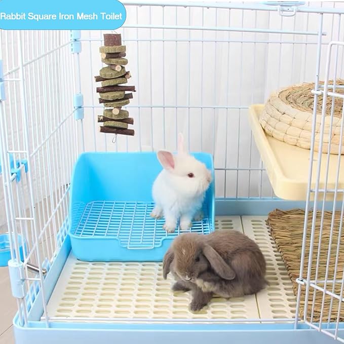 Rabbit Litter Box Bunny Potty Box Guinea Pig Hay Rack Feeder Rabbits Corner Litter Pan Potty Trainer Pet Toilet with Cleaning Set for Hamster, Guinea Pig, Ferret and Other Animals (Blue)