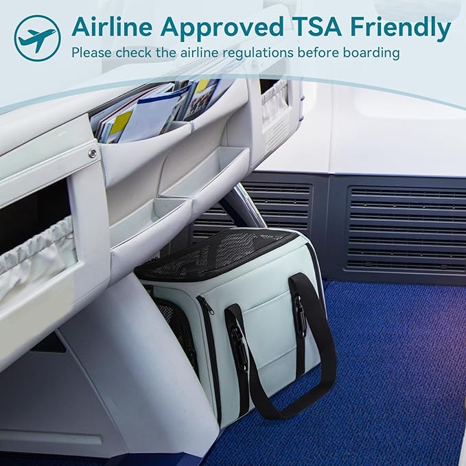 PETSFIT Soft-Sided Cat Carriers & Car Seats with Patent Safe Buckles, Clip-On Harness，18"x11"x11" Airline Approved Pet Carrier - 9 lbs Capacity (Cyan Blue)