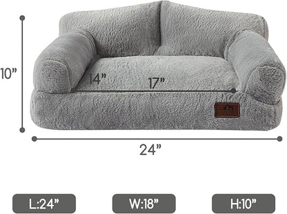 Hollypet Fluffy Plush Pet Cat Couch Soft Calming Pet Sofa Bed for Medium Small Cats and Dogs, Silver Gray