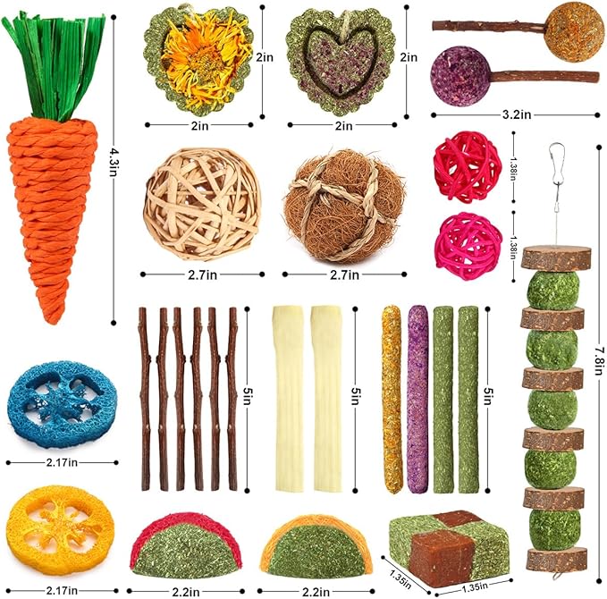 Rabbit & Guinea Pig Toys - Natural Timothy Hay & Apple Wood Sticks for Teeth Care - Handmade for Hamster, Bunny, Chinchilla (27 Pcs)