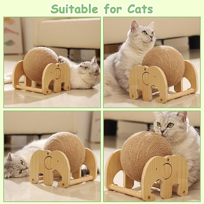 Fhiny Rabbit Scratch Toy, Natural Sisal Rabbit Scratching Ball Cute Sisal Rope Bunny Claw Scratcher Rotating Ball Interactive Toys Nail Scratching Post for Indoor Pets Kittens Ferrets Elephant Shape