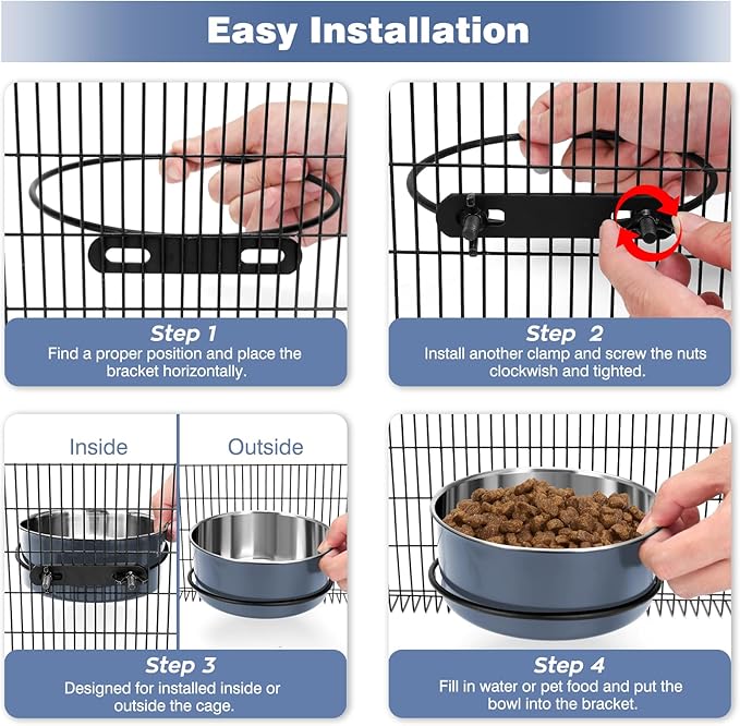 Dog Kennel Bowls for Crates, Hanging Dog Crate Water Bowls No Spill, 2 Pack Kennel Food Water Bowl Mountable Cage Accessories, Stainless Steel Pet Dish Feeder Coop Cup for Cat Puppy Bunny Bird Ferret