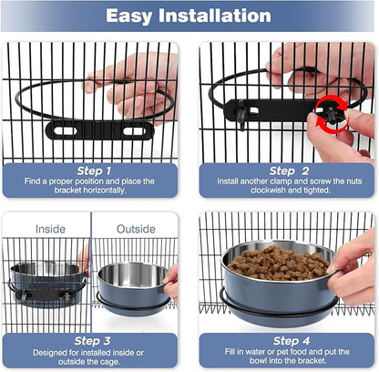 Dog Kennel Bowls for Crates, Hanging Dog Crate Water Bowls No Spill, 2 Pack Kennel Food Water Bowl Mountable Cage Accessories, Stainless Steel Pet Dish Feeder Coop Cup for Cat Puppy Bunny Bird Ferret