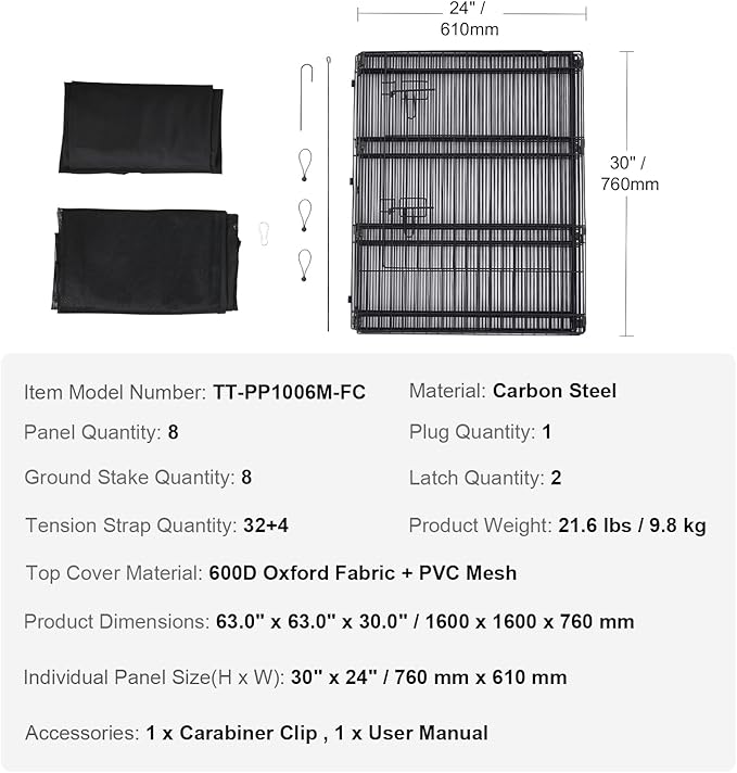 VEVOR Dog Playpen, 8 Pcs 30" H x 24" W Panels Foldable Metal Pet Exercise Pen, Dog Fence Indoor and Outdoor Pen with Door, Bottom Pad and Top Cover, Pet Playpen for Dogs, Cats, Other Small Animals