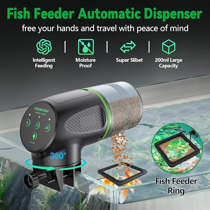 Automatic Fish Feeder for Aquarium, Auto Food Dispenser with Timer, 200 ml Fish Feeder for Pellets Granules & Strips, Automatic Fishs Dispenser for Small Tank, Big Aquariums & Pond