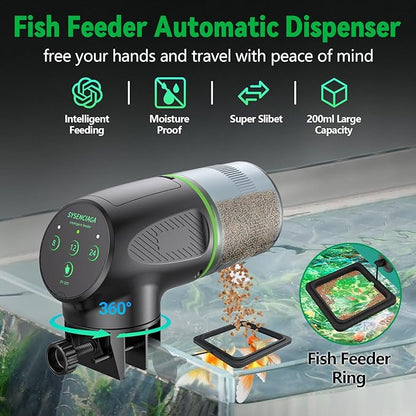 Automatic Fish Feeder for Aquarium, Auto Food Dispenser with Timer, 200 ml Fish Feeder for Pellets Granules & Strips, Automatic Fishs Dispenser for Small Tank, Big Aquariums & Pond