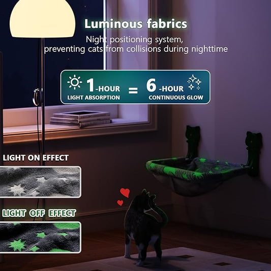 Cat Window Perch Cordless, Glow in The Dark & Stable Cat Beds- Breathable Window Hammock for Overlooking, Sunbathing and Climbing - Maximum Hold Up to 40lb(Grey+Cream)