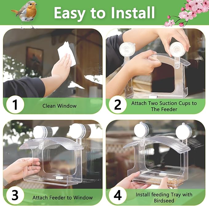 Window Bird Feeder with Strong Adhesive Suction Cups, Clear Bird Feeders for Window Viewing, Acrylic Window Bird Houses for Viewing Inside, Suction Bird Window Feeder for Cats