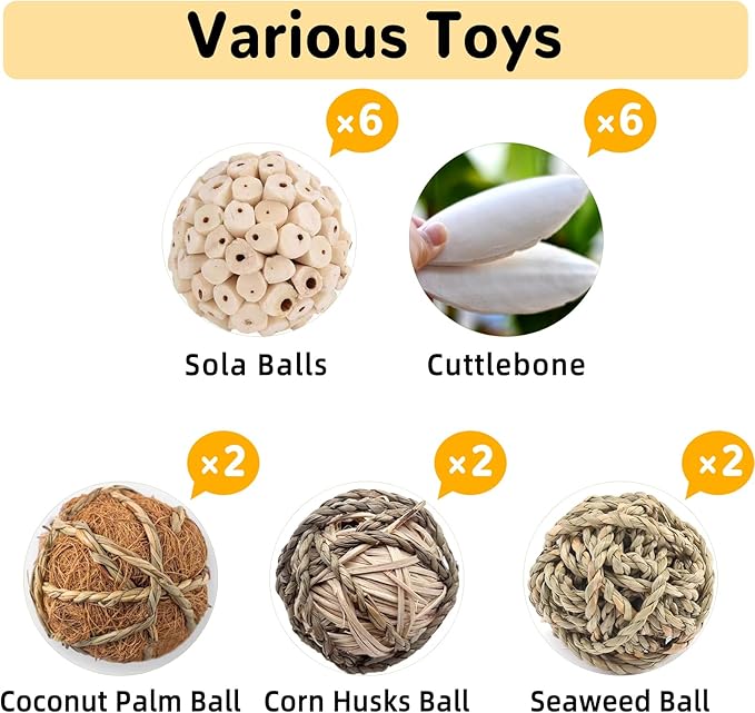 Bird Toys Sola Balls Parakeet Toys Natural Soft Chew Grass Balls with Cuttlebone for Parrots Conures Rabbits Hamster Guinea Pig Chinchilla(Style 2, 18 PCS)