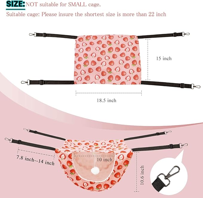 JSPYFITS Cat Cage Hammock with Ball,Double Layer Hanging Adjustable Soft Pet Bed Suit for Kitten Ferret Puppy Rabbit or Small Pet, 2 Level Indoor Bed for All Season(Pink Strawberries)