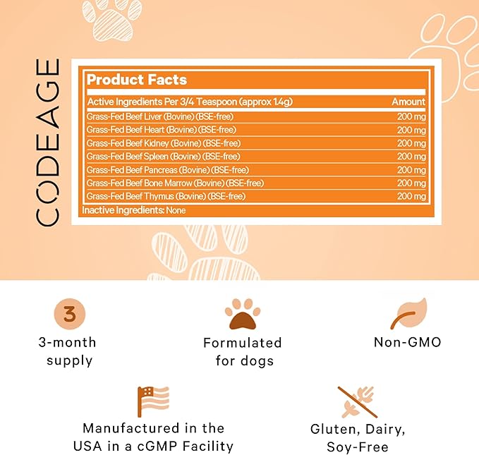 Happy Healthy Organs & Glands Supplement for Dogs, Freeze-Dried Raw Grass-Fed Beef Liver Heart Kidney Spleen Pancreas Bone Marrow, Bovine Thymus Multi Organ Powder, Canine Vitamins, 3 oz