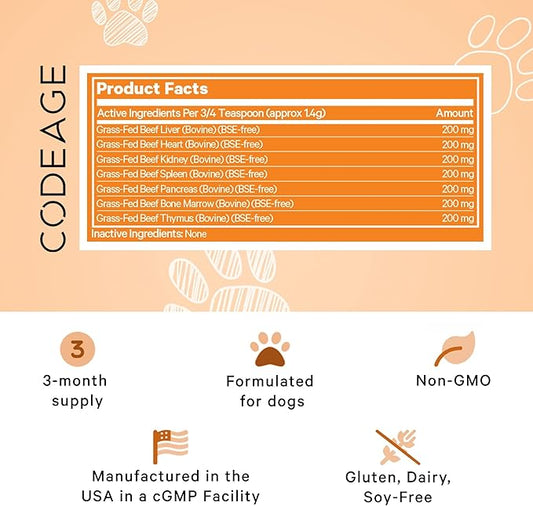 Happy Healthy Organs & Glands Supplement for Dogs, Freeze-Dried Raw Grass-Fed Beef Liver Heart Kidney Spleen Pancreas Bone Marrow, Bovine Thymus Multi Organ Powder, Canine Vitamins, 3 oz