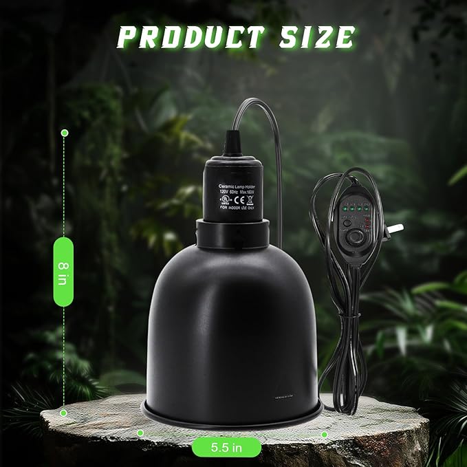 Reptile Light Fixture with Dimming Switch and Timer, 5.5 Inch Deep Dome Reptile Heat Lamp Fixture, Reptile Lamp Fixture Cap for UVB Bulb Basking Heat Bulb for Reptile Glass Terrariums, 2PCS